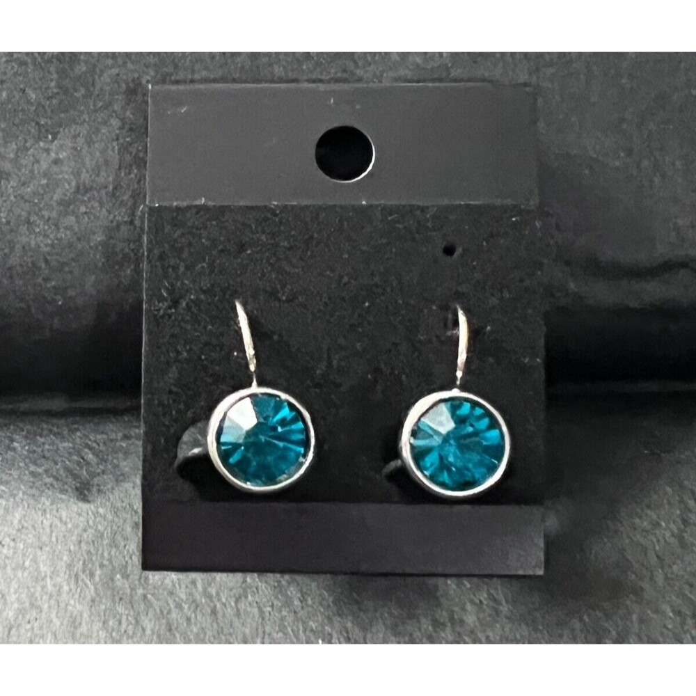 Teal Blue Earrings Faceted Faux Crystal Stone Silvertone Lever Back Unbranded